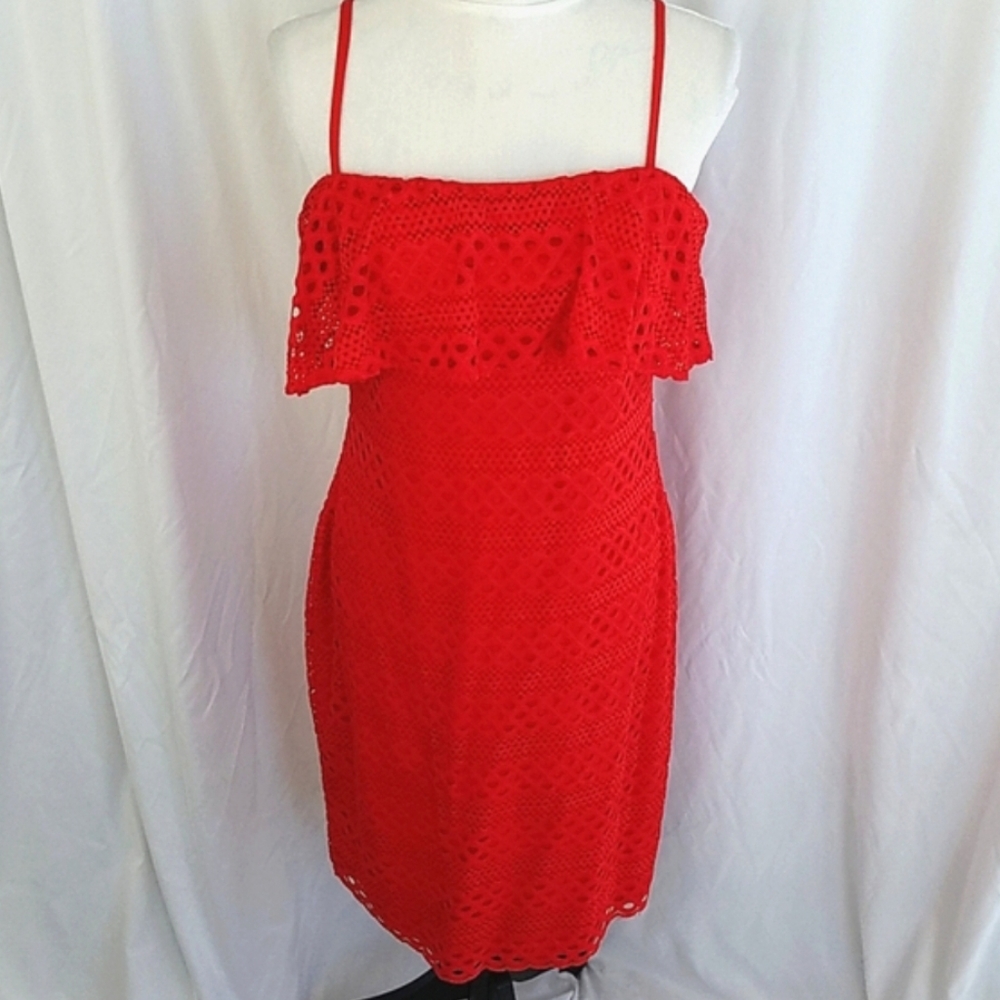 GUESS Women's Plus Size Sheath Dress  Square Neck Lace Ruffle Popover Size 14